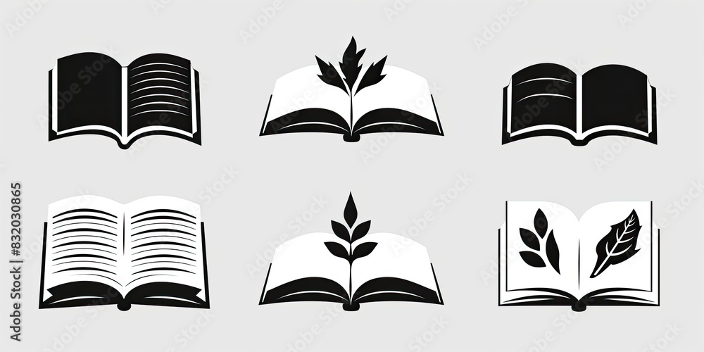 Design an icon set of open book icons in black and white, with simple lines and a minimalist design style. The overall shape is symmetrical and has different shapes Design an icon set of open book icons in black and white, with simple lines and a minimalist design style. The overall shape is symmetrical and has different shapes