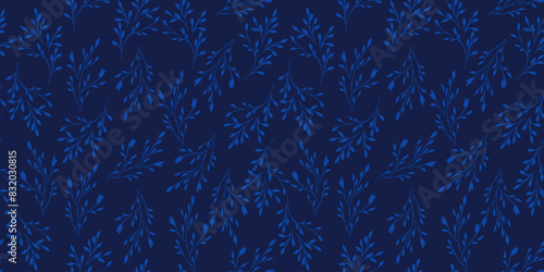 Simple seamless pattern with gently tiny branches and small leaves. Abstract little blue plants stems printing on a dark background. Vector hand drawing sketch. Ornament for designs, fabric, textiles