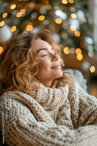 Wallpaper Mural A woman with a beaming smile sitting by a cozy fireplace. Torontodigital.ca