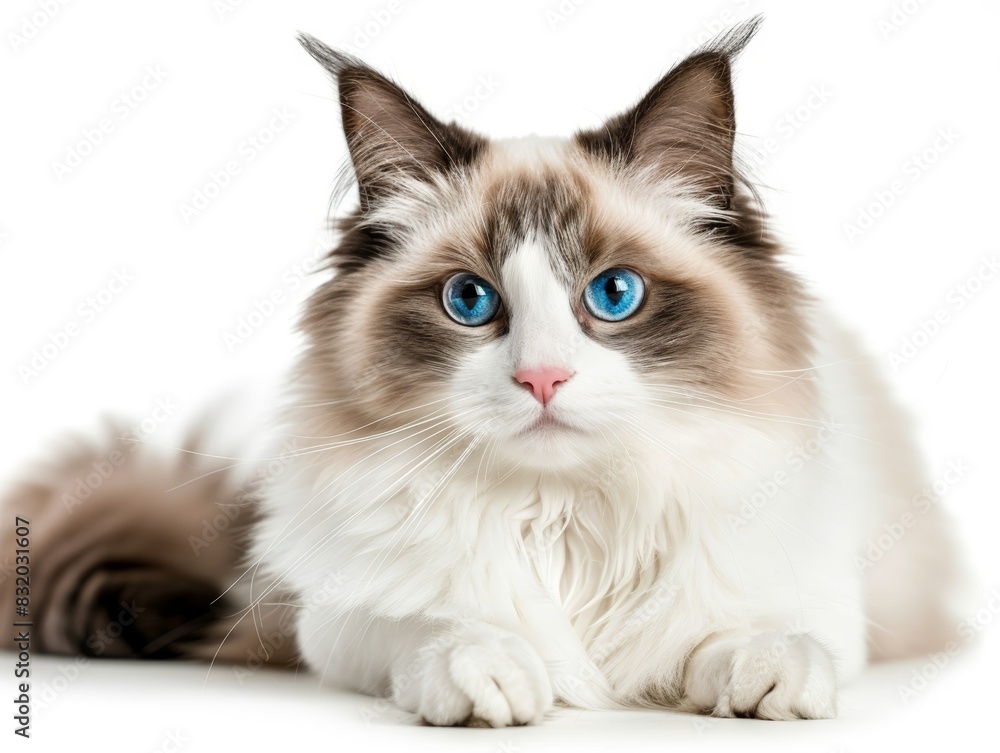 Beautiful fluffy cat with blue eyes and long fur, sitting against a white background. Perfect for pet, animal, and feline-related themes.