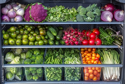 Fresh produce section with a variety of colorful vegetables neatly arranged, creating a vibrant and healthy food display in a grocery store photo