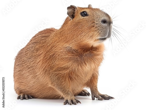 Close-up of a capybara isolated on white background, showcasing the rodent's features with its distinctive brown fur and curious expression.