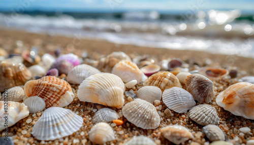 Seashells on the beach. Selective focus. Summer time  holiday  nature concept. close up view