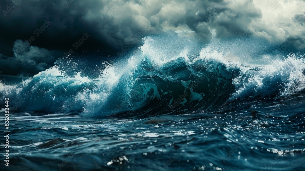 Fototapeta premium A wave accompanied by dark clouds representing the looming risks and challenges in crypto arbitrage.