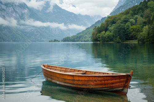 Serene wooden boat floating on calm waters of lake hallstatt  austria in travel and beauty scene
