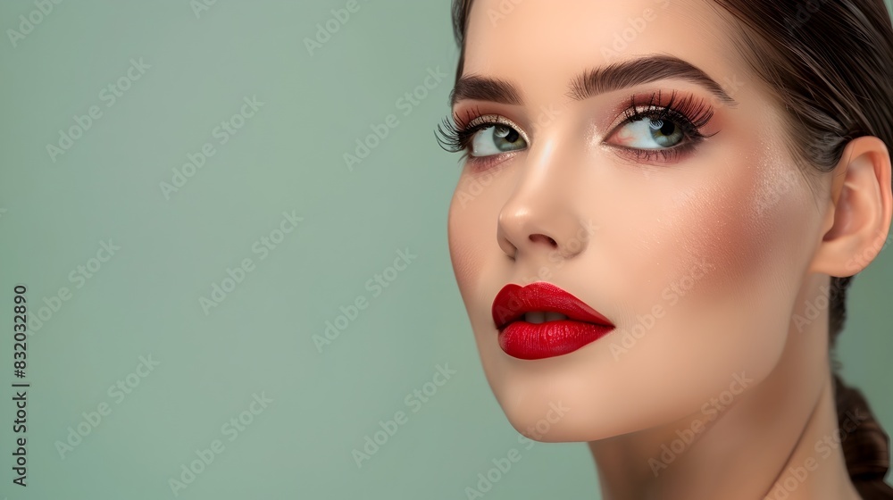 Elegant Model Showcasing Professional Makeup Techniques on a Light Green Background Ideal for Elegant Model Showcasing Professional Makeup Techniques on a Light Green Background Ideal for