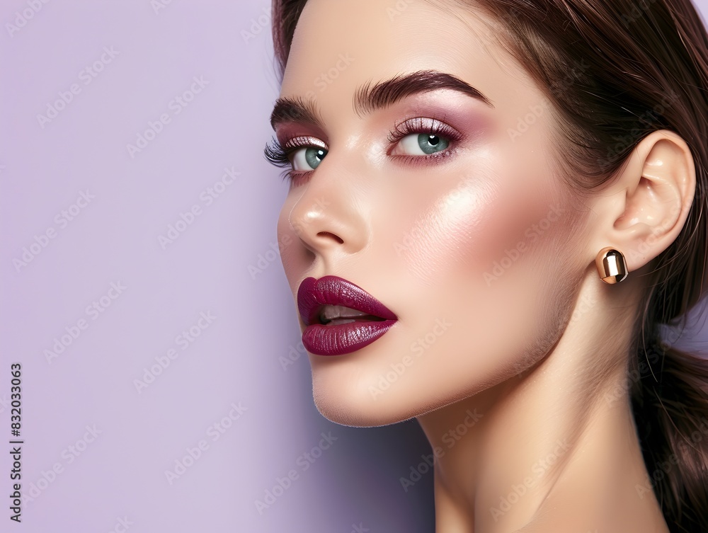 Fototapeta premium Professional Makeup Radiant Woman Showcasing Decorative Cosmetics on Lavender Backdrop