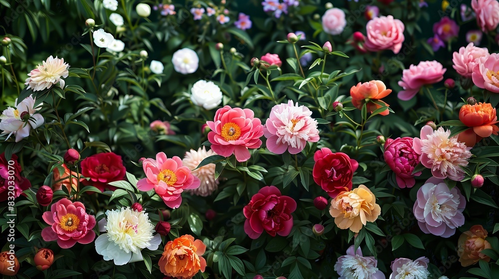 Fototapeta premium A lush garden filled with blooming peonies