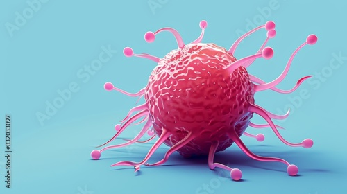 Close-up of a highly detailed, pink cancer cell on a blue background, representing medical research, healthcare, and scientific innovation. photo