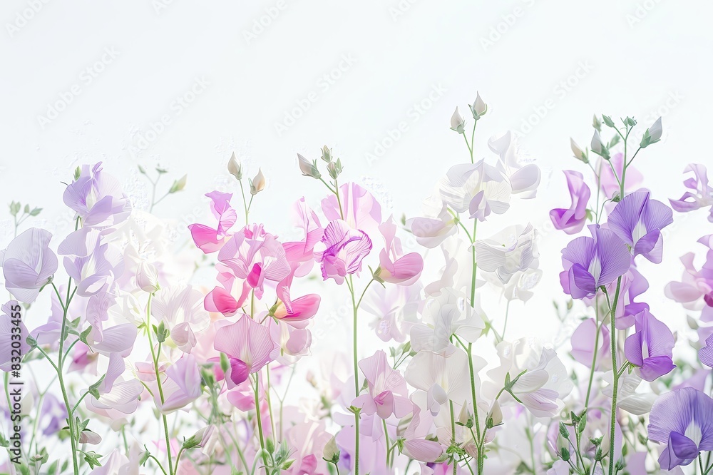 A field of delicate sweet pea flowers in pastel A field of delicate sweet pea flowers in pastel
