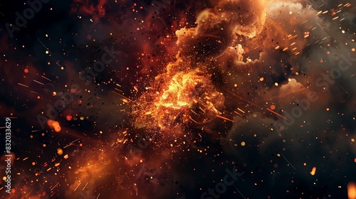 Dramatic image of a fiery cosmic explosion with glowing debris and dark clouds, illustrating a powerful space phenomenon.