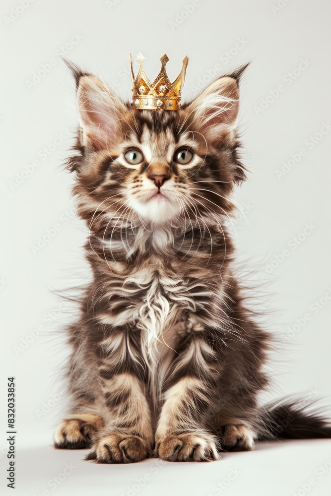 Obraz premium A fluffy kitten with a tiny crown sitting
