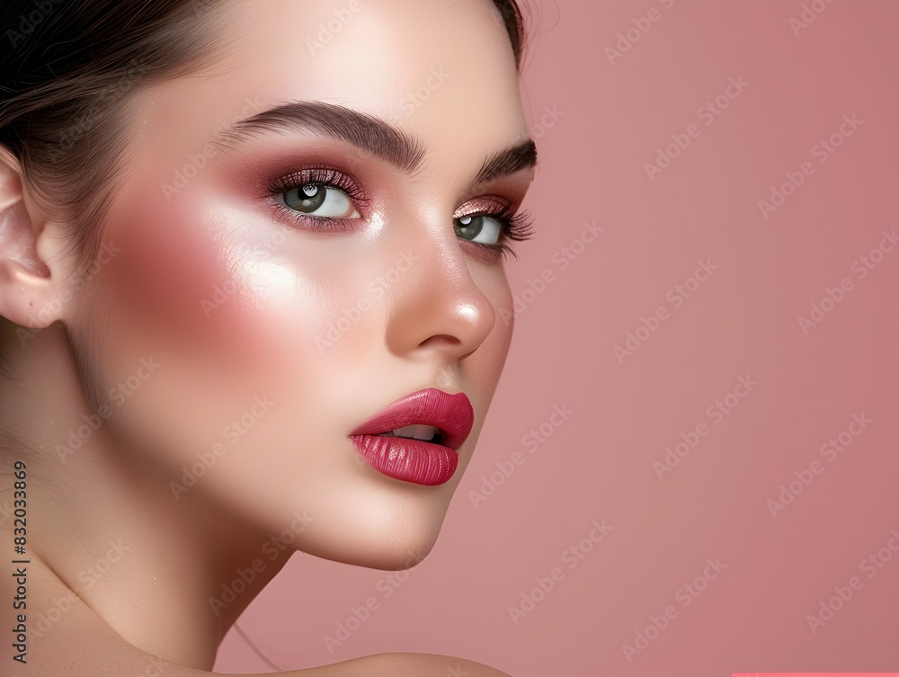 Fototapeta premium Professional Makeup Look Model Showcases Decorative Cosmetics on Dusty Rose Backdrop
