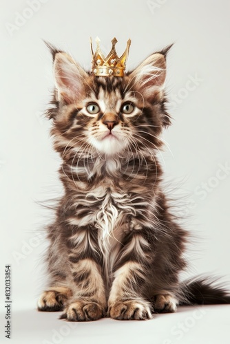 A fluffy kitten with a tiny crown sitting 