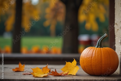 Pumpkins and autumn leaves on a wooden table, background, mine space.