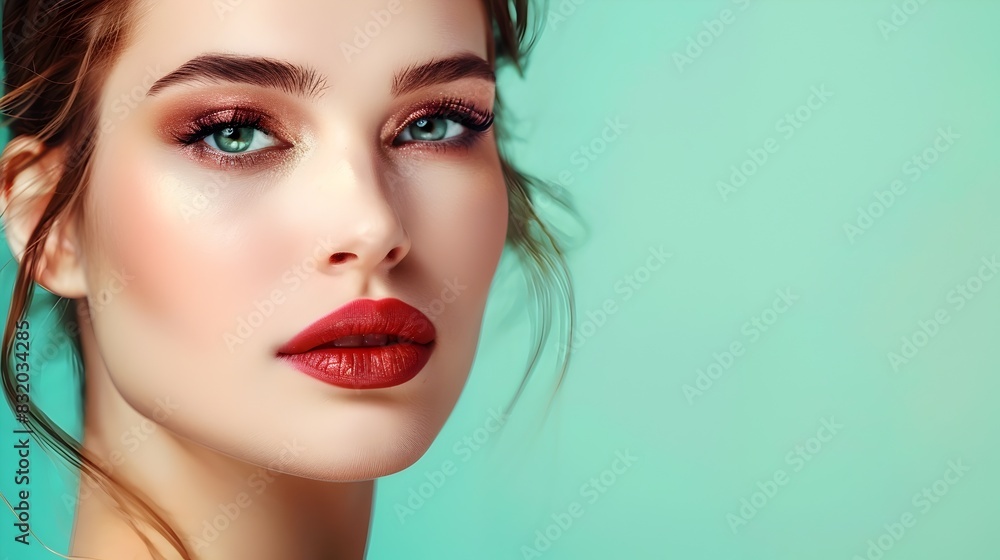 Elegant Model Showcases Exquisite Makeup Collection on Mint Backdrop Elegant Model Showcases Exquisite Makeup Collection on Mint Backdrop