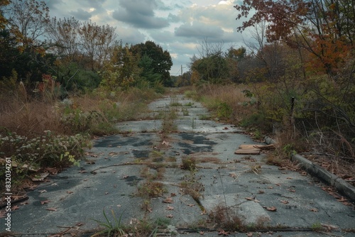 An abandoned highway stretches into the distance, overgrown with vegetation and littered with the remnants of abandoned vehicles, a haunting reminder of a world once bustling with life. photo