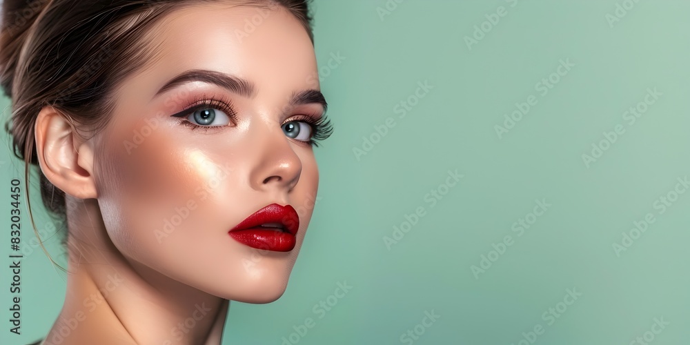 Elegant Model Showcases Stunning Makeup Look on Sage Green Backdrop Elegant Model Showcases Stunning Makeup Look on Sage Green Backdrop