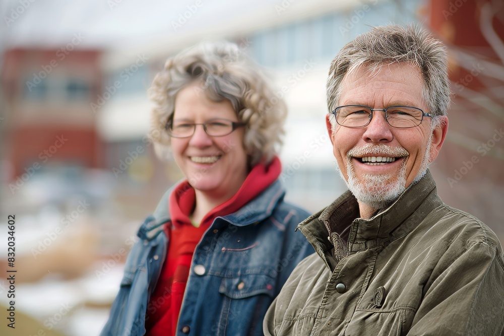 Portrait of happy senior couple standing in the city. Focus on man Portrait of happy senior couple standing in the city. Focus on man