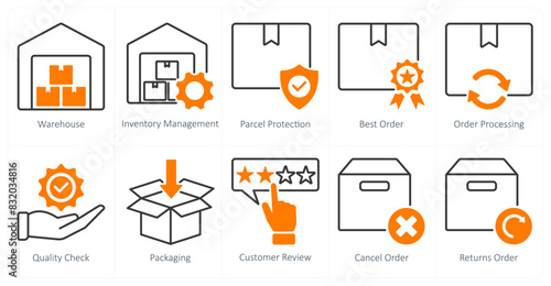 A set of 10 shopping icons as warehouse, inventory management, parcel protection