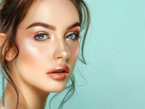 Elegant Model Showcases Exquisite Cosmetics Collection on Soft Teal Backdrop