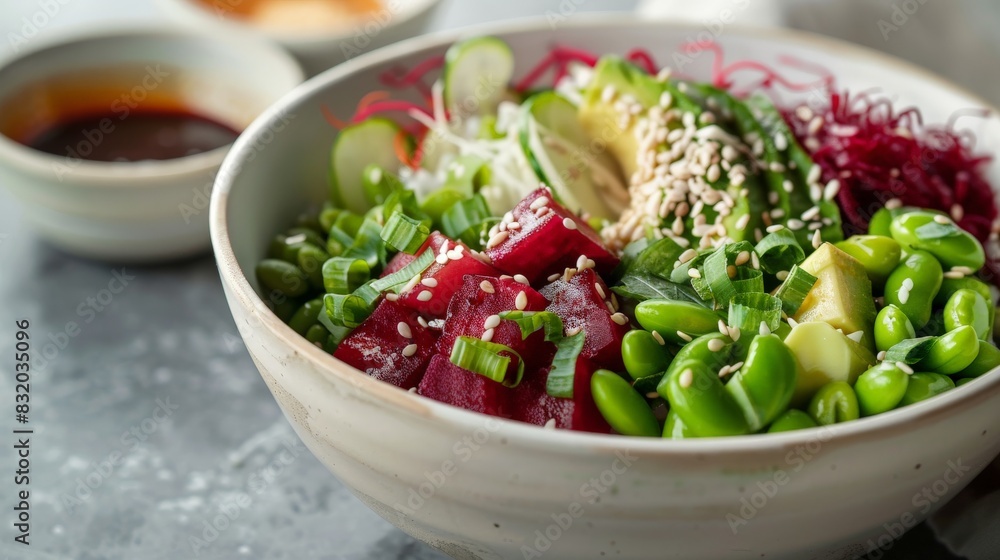 Side-View of Vegan and Gluten-Free Beet Poke Bowls on Neutral Background Side-View of Vegan and Gluten-Free Beet Poke Bowls on Neutral Background