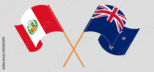 Crossed and waving flags of Peru and New Zealand