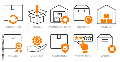 A set of 10 shopping icons as order processing, packaging, inventory management