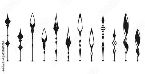 Clock pointer arrows. Black silhouette chronometer elements. Clock arms set. Watch hands, isolated time pointers. Vector cartoon illustration