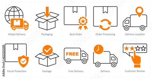 A set of 10 shopping icons as global delivery, packaging, best order