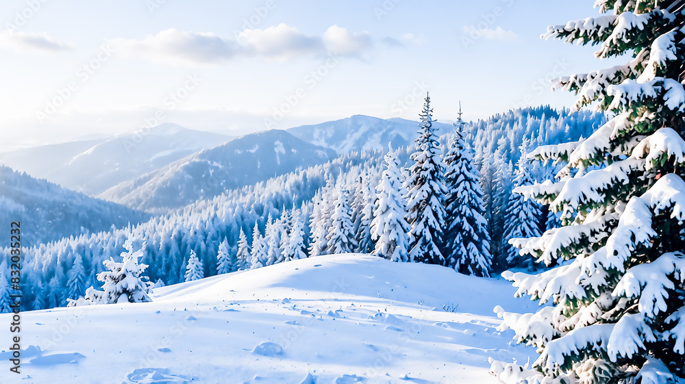 Fototapeta premium Beautiful scenery with a wooden church in a winter forest surrounded by frozen and covered snow trees in a frosty sunny day in Russia