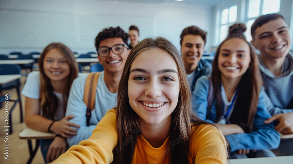 Group of teenagers taking a group selfie in a classroom with their faces blurred, capturing a moment of camaraderie Group of teenagers taking a group selfie in a classroom with their faces blurred, capturing a moment of camaraderie