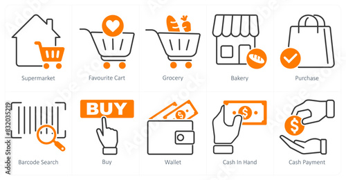 A set of 10 shopping icons as supermarket, favorite cart, grocery