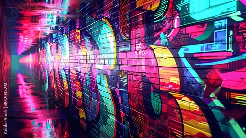 A graffiti wall with an abstract pattern of neon signs and cityscape reflections, capturing the energy of a bustling metropolis