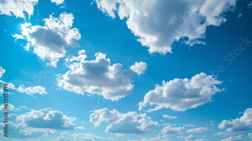 A bright blue sky with fluffy white clouds on a beautiful summer day. free space for message.