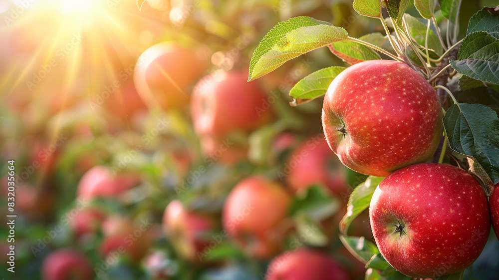 Red apples branching on the trees, ready to harvest ripe red apples in a shady apple orchard. Red apples branching on the trees, ready to harvest ripe red apples in a shady apple orchard.
