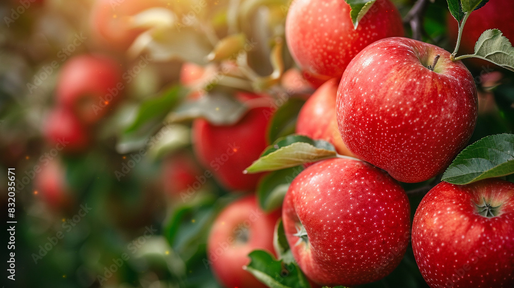 Red apples branching on the trees, ready to harvest ripe red apples in a shady apple orchard. Red apples branching on the trees, ready to harvest ripe red apples in a shady apple orchard.