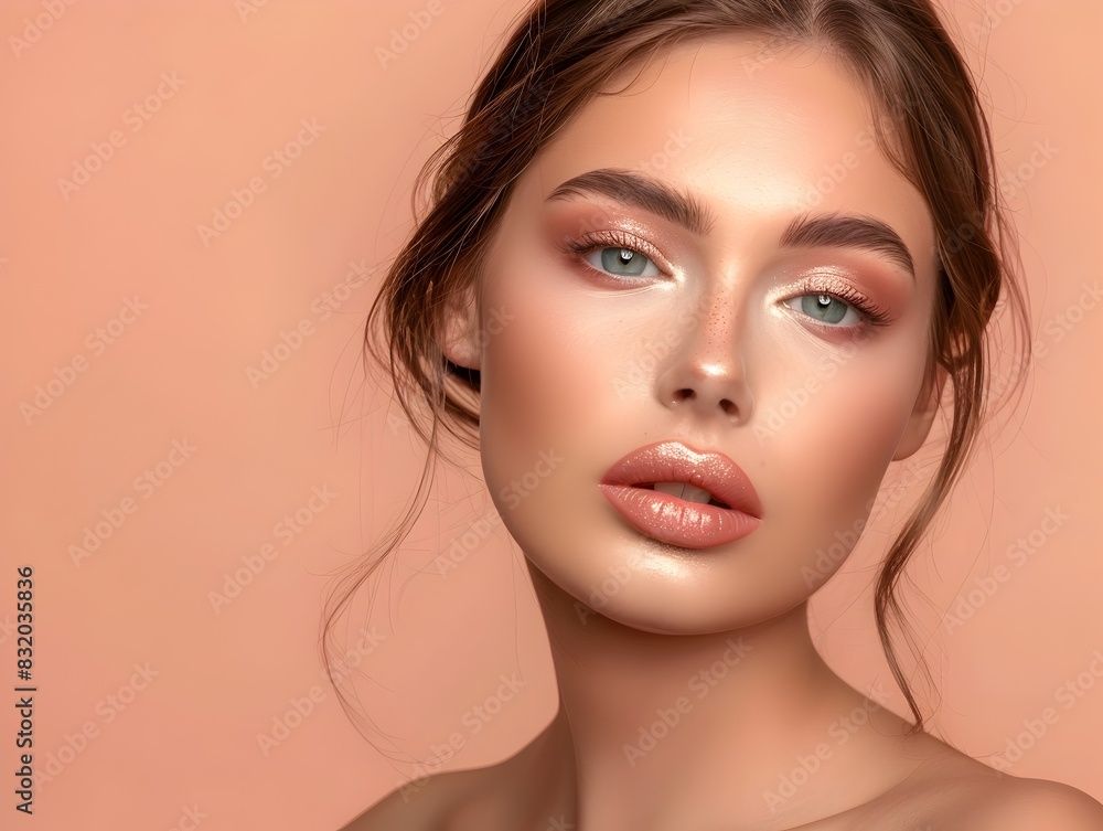 Naklejka premium Elegant Model Showcases Stunning Makeup Look on Super Long Shot Advertising Banner