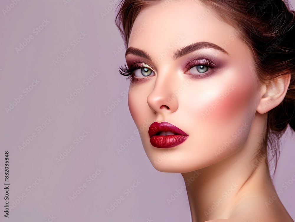 Elegant Model Showcases Professional Makeup and Decorative Cosmetics on a Lilac Backdrop Elegant Model Showcases Professional Makeup and Decorative Cosmetics on a Lilac Backdrop