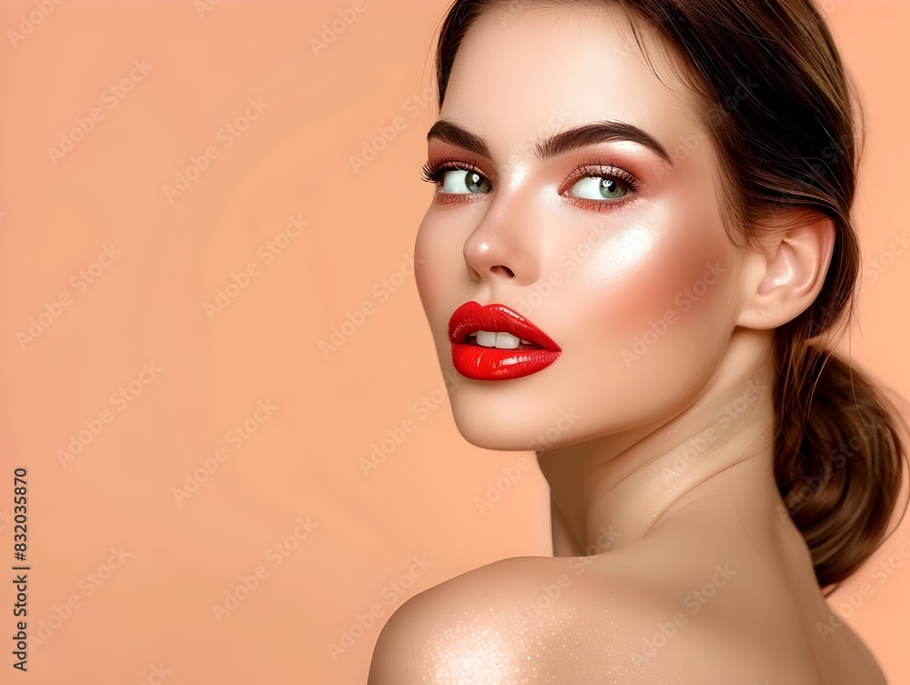 Elegant Model Showcases Professional Makeup Range on Clean Peach Backdrop Elegant Model Showcases Professional Makeup Range on Clean Peach Backdrop