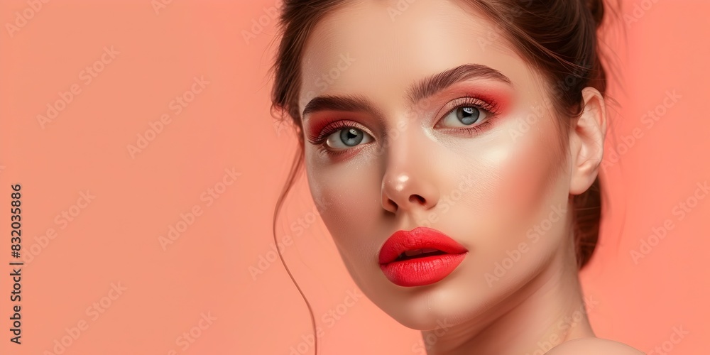 Fototapeta premium Professional Makeup Model Showcases Decorative Cosmetics on Pale Coral Backdrop for Advertising