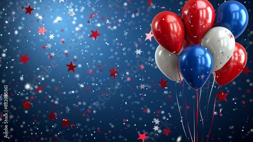 Colorful red, white, and blue balloons against a sparkling blue background with confetti, evoking a festive celebration atmosphere. photo