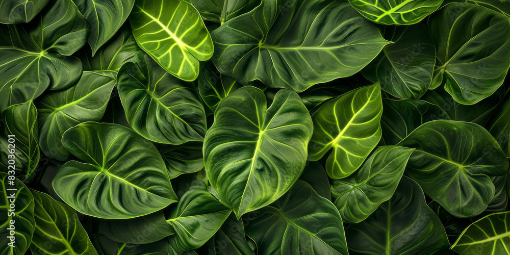 Tropical Alocasia green leaves background, horizontal Top down view. Tropical Alocasia green leaves background, horizontal Top down view.