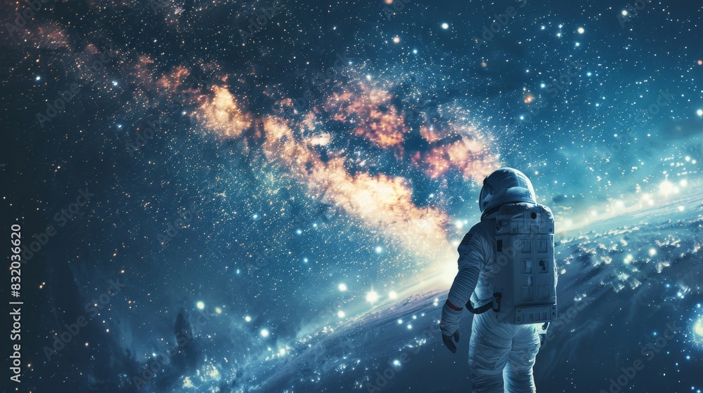 Naklejka premium An astronaut stands beside a large map of the Milky Way galaxy highlighting areas of interest for future exploration.