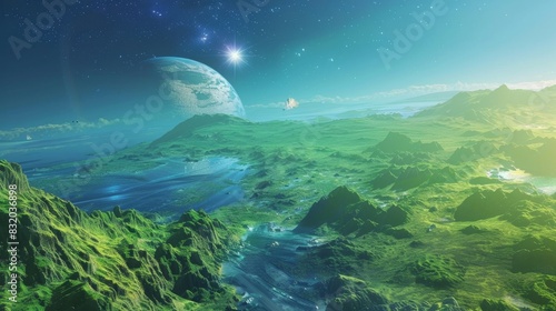 A display featuring a habitable exoplanet with a green and blue landscape and a distant star shining in the sky. photo