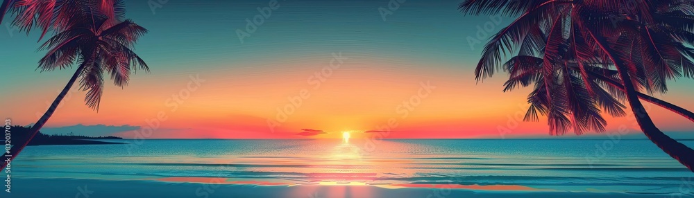 An enchanting beach scene at dusk, featuring palm trees silhouetted against a colorful sunset sky