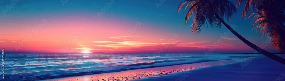 Fototapeta premium An enchanting beach scene at dusk, featuring palm trees silhouetted against a colorful sunset sky