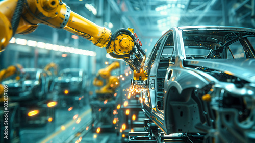 工場のロボットアームが自動車の部品を組み立てるシーン
Scene of a factory robot arm assembling car parts. photo