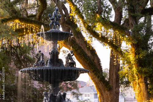 Water cascades down a historic fountain in downtown Natchez, Mississippi, USA. photo