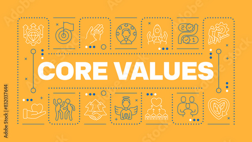 Core values orange word concept. Company principles. Social responsibility. Business ethics. Horizontal vector image. Headline text surrounded by editable outline icons. Hubot Sans font used
